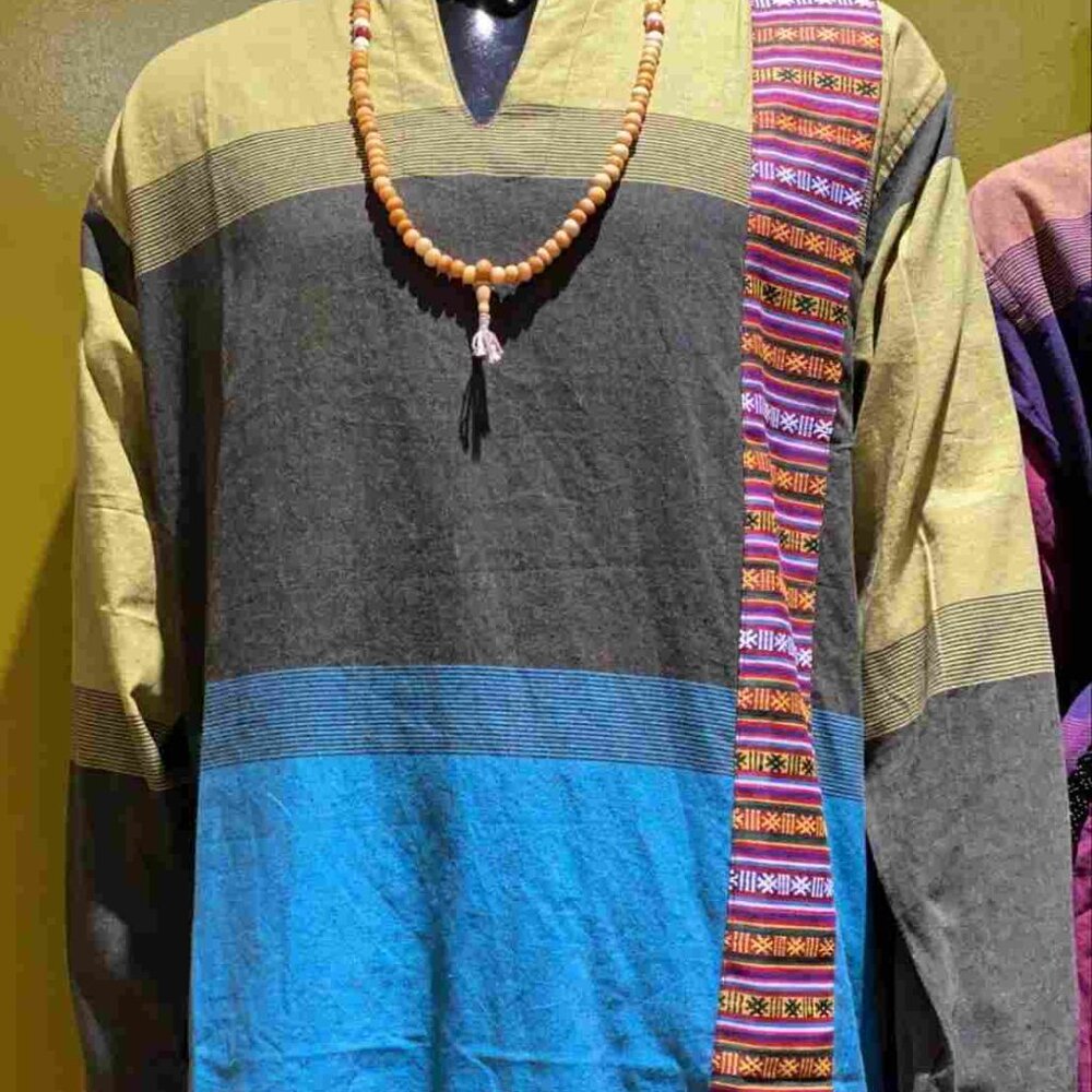Cotton Bhutani Trim Long-Sleeve V-Neck Tunic - Tri Color (Sky)